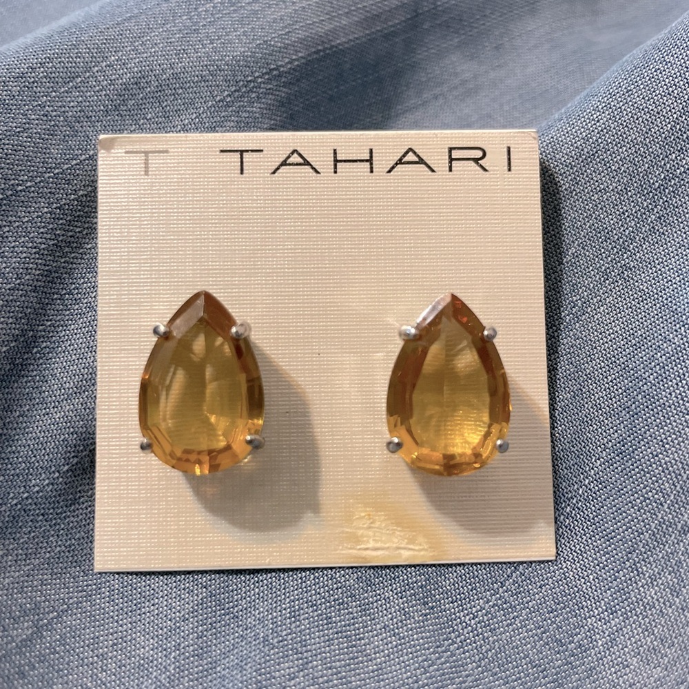 T Tahari earrings for pierced ears, amber colored stone, silver setting
